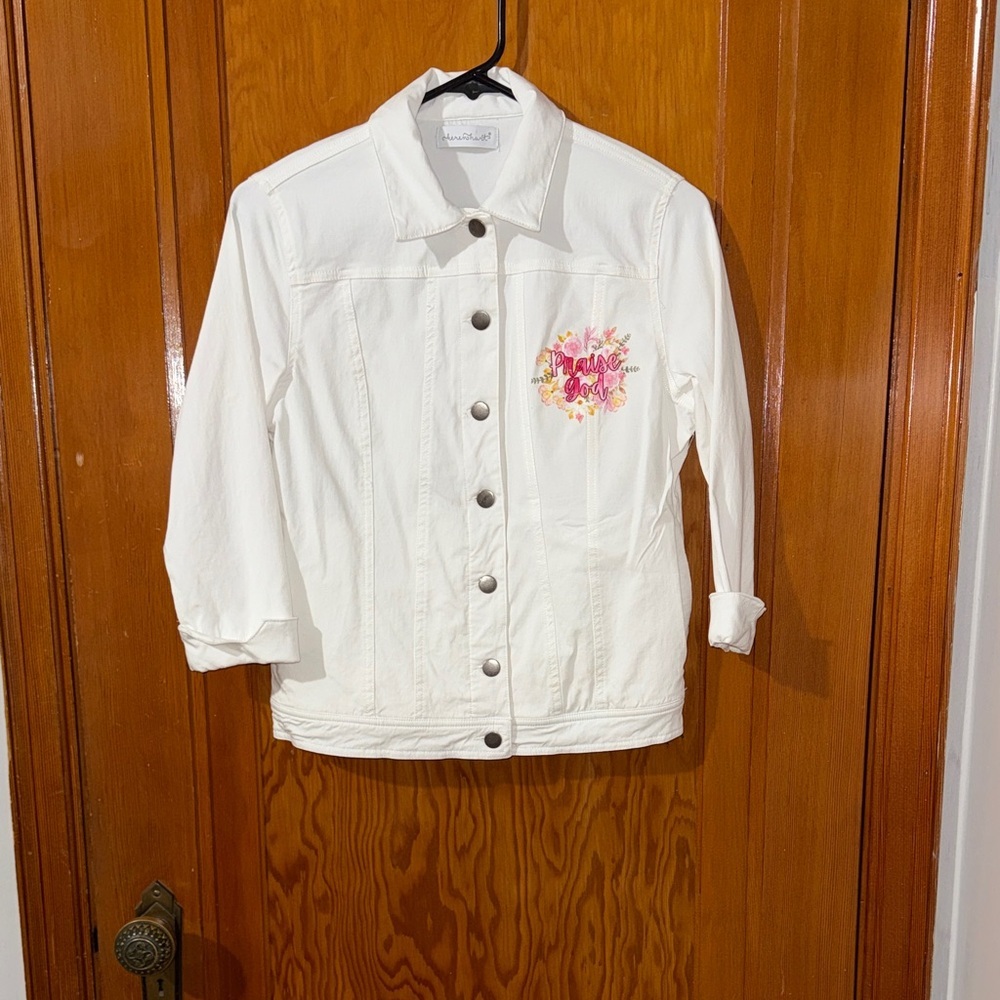 Christopher & Banks White Jean Jacket with Pink Floral Design - Picture 2 of 8